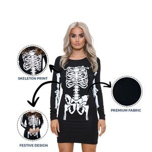 Women‎ Ladies Halloween Skeleton Bone Heart Bodycon Costume Tunic Mini Dress